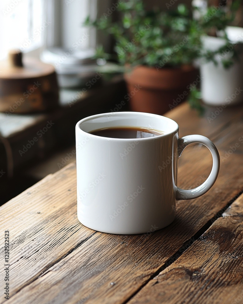 Clean white ceramic coffee mug on wooden table with natural light Clean white ceramic coffee mug on wooden table with natural light