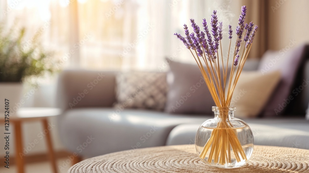 Fototapeta premium Lavender Reed Diffuser on Coffee Table in Living Room