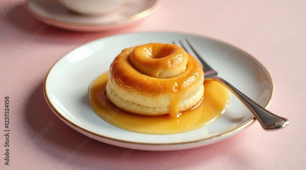 A delectable pastry, swirled and glazed, rests on a pristine plate, adorned with a glistening caramel sauce; a simple yet elegant dessert presentation. A delectable pastry, swirled and glazed, rests on a pristine plate, adorned with a glistening caramel sauce; a simple yet elegant dessert presentation.