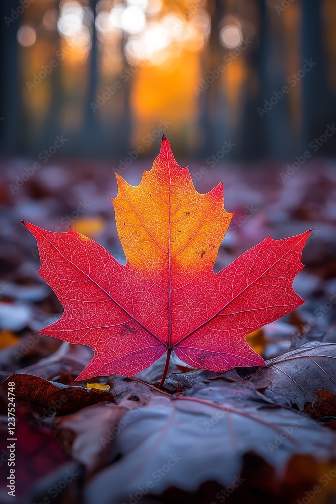 Vibrant Red Maple Leaf on Autumn Forest Floor Close Up Detail Shot Vibrant Red Maple Leaf on Autumn Forest Floor Close Up Detail Shot