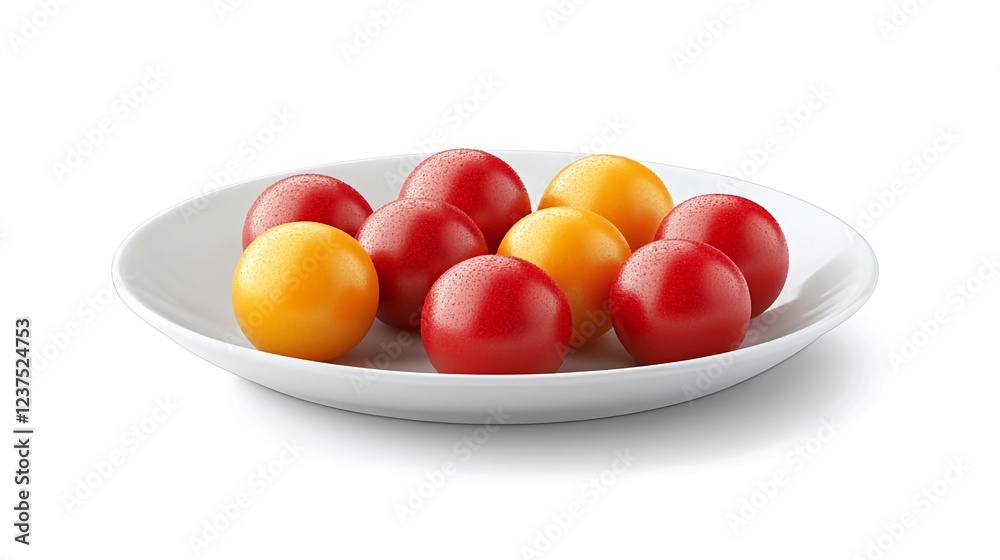 Red and yellow spheres on white plate, studio shot, food concept Red and yellow spheres on white plate, studio shot, food concept