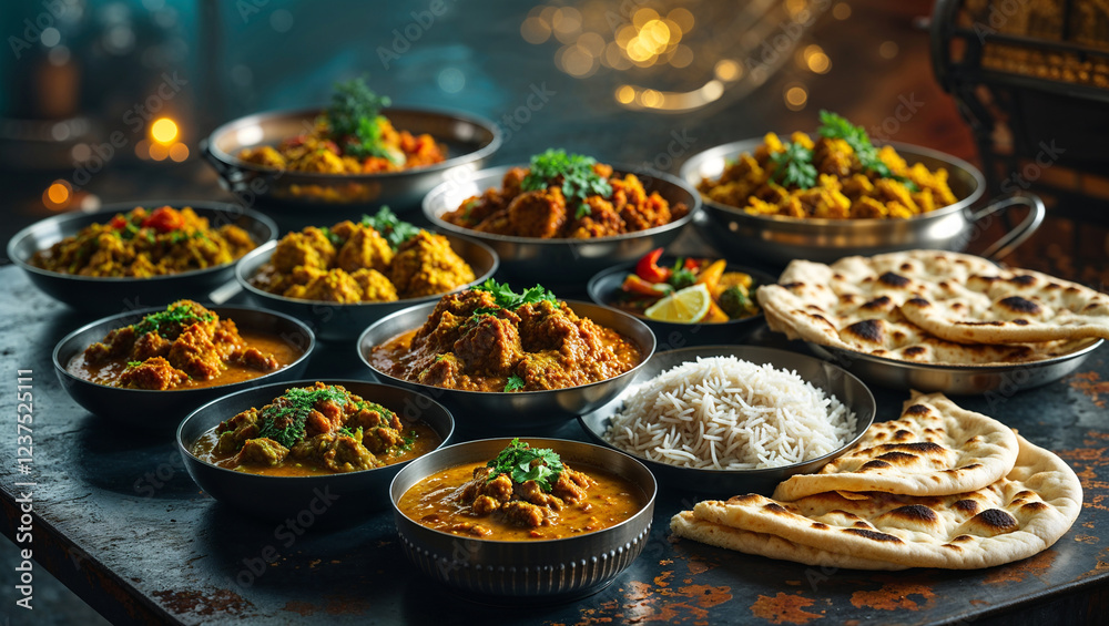 Grand Indian Feast with a Variety of Authentic Curries, Aromatic Rice, and Traditional Breads Grand Indian Feast with a Variety of Authentic Curries, Aromatic Rice, and Traditional Breads