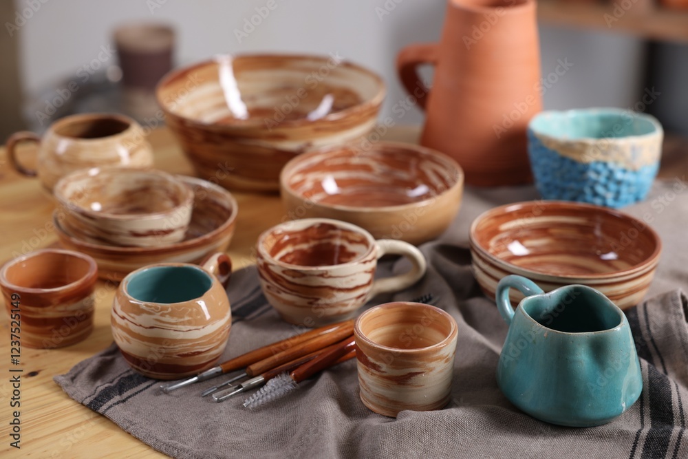 Different beautiful pottery and set of clay crafting tools on wooden table indoors, closeup Different beautiful pottery and set of clay crafting tools on wooden table indoors, closeup
