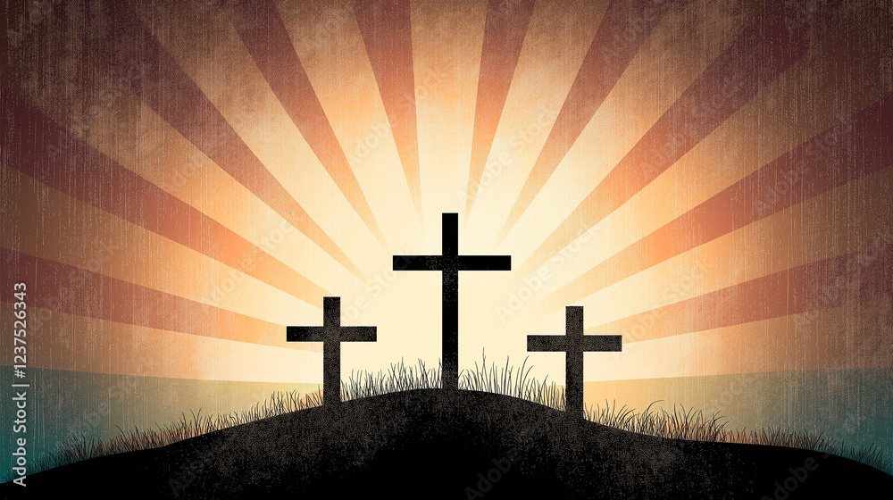 Naklejka premium Three crosses on calvary hill at sunrise representing the crucifixion of jesus christ