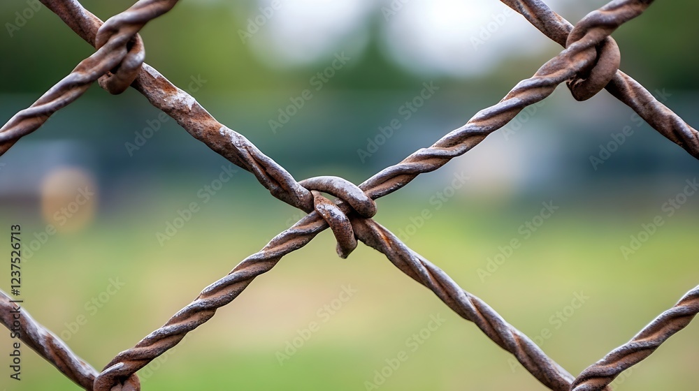 Closeup of Rusty Metal Chainlink Fence with Blurred Green Background : Generative AI Closeup of Rusty Metal Chainlink Fence with Blurred Green Background : Generative AI
