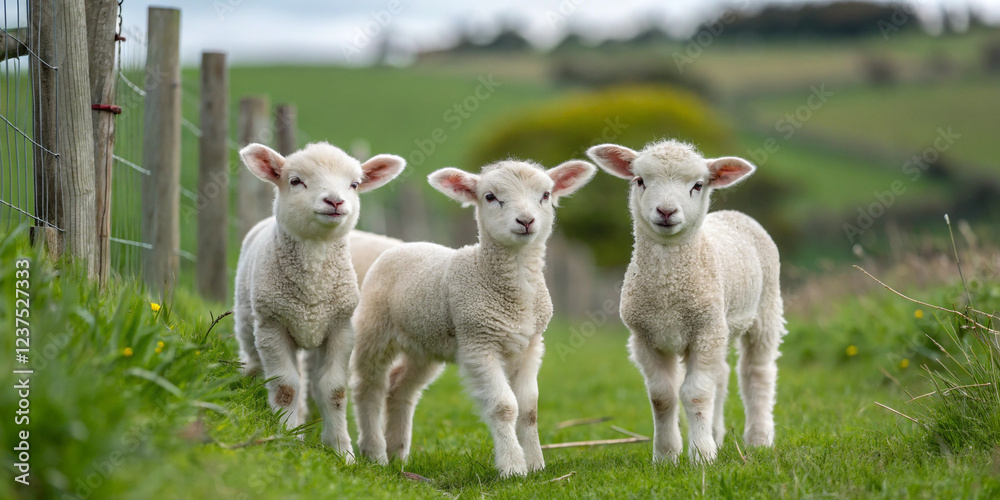 Obraz premium Cute Little Lambs Standing in a Row on a Farm for Heartwarming Scenes