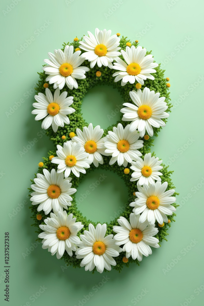 Obraz premium Floral number 8 crafted from daisies on a gentle green background for March 8 greetings. Perfect for Women’s Day cards and invitations, this elegant design embodies spring and celebration