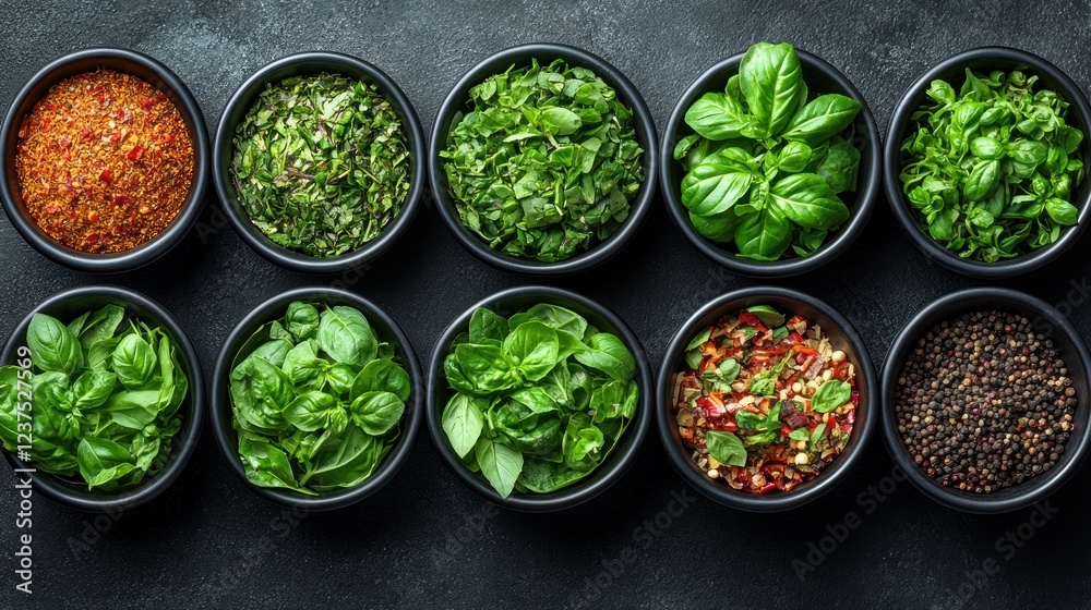 Obraz premium Aromatic Herbs and Spices Collection in Black Bowls