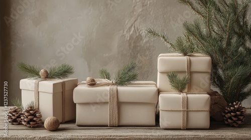 Elegant Christmas Gifts Wrapped in Kraft Paper with Pine Branches and Pine Cones on Rustic Wood photo