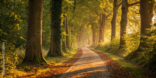 Enchanting autumn forest pathway glowing with golden sunlight, surrounded by towering trees with warm-colored leaves in a picturesque seasonal landscape