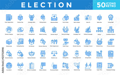 Election icons set with voter registration, election day, campaign rally, polling station, absentee ballot, early voting, mail in ballot, voter id, ballot box icon. Simple retro vector 
