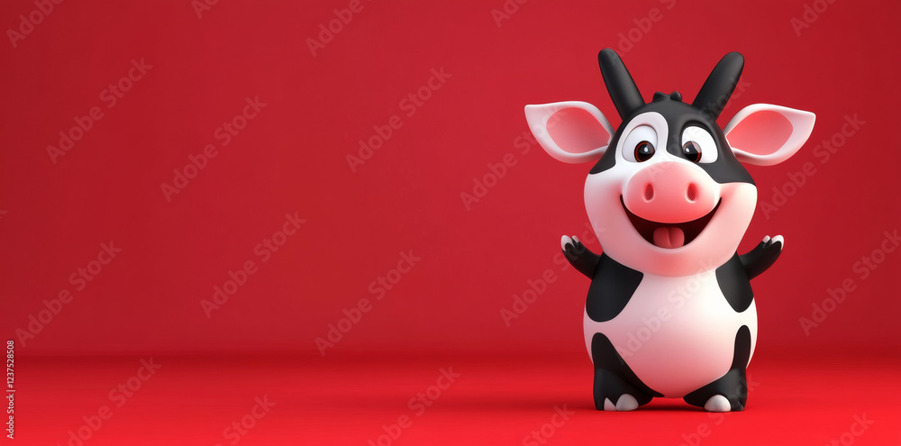 Fototapeta premium Cute cartoon cow character smiling on red background