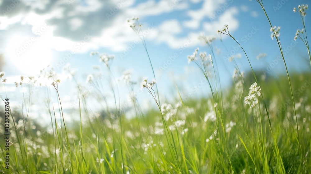 Serene Meadow with Wildflowers and Sunshine Under Blue Sky : Generative AI Serene Meadow with Wildflowers and Sunshine Under Blue Sky : Generative AI