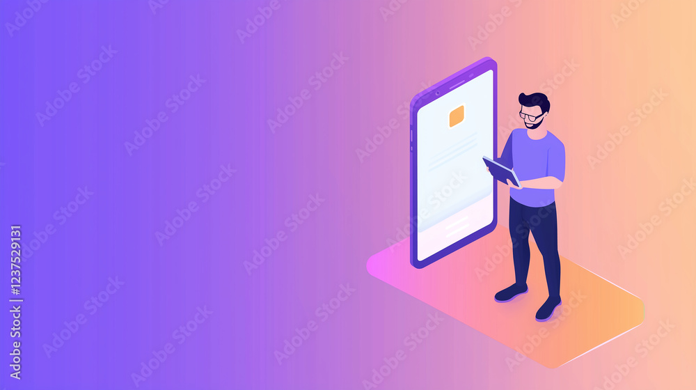 Isometric Man Using Tablet with Mobile Phone Mockup Isometric Man Using Tablet with Mobile Phone Mockup
