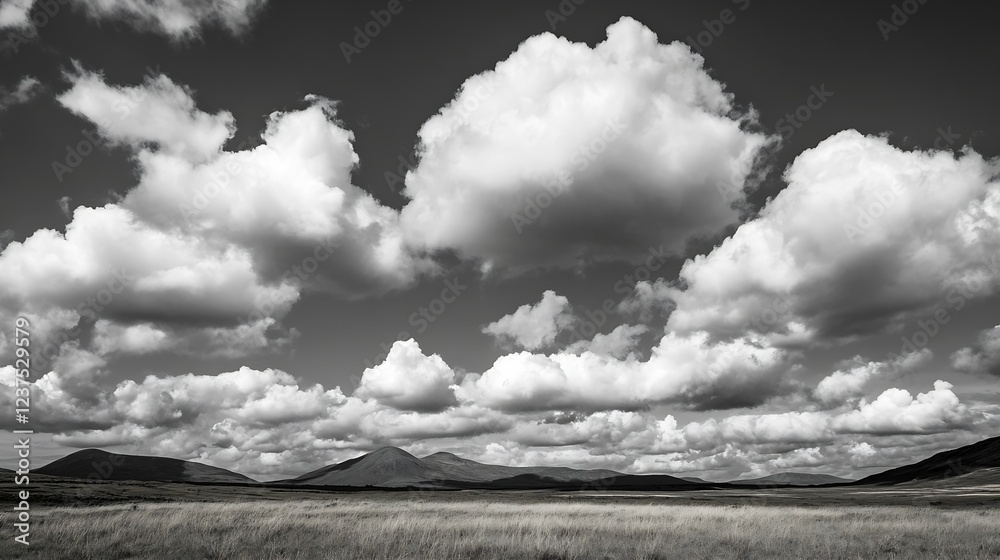 Black and White Rolling Clouds Above Scottish Highlands Panoramic Landscape : Generative AI Black and White Rolling Clouds Above Scottish Highlands Panoramic Landscape : Generative AI