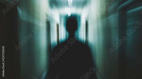 Mysterious shadowy figure walking down ominous dark hallway with eerie lighting : Generative AI