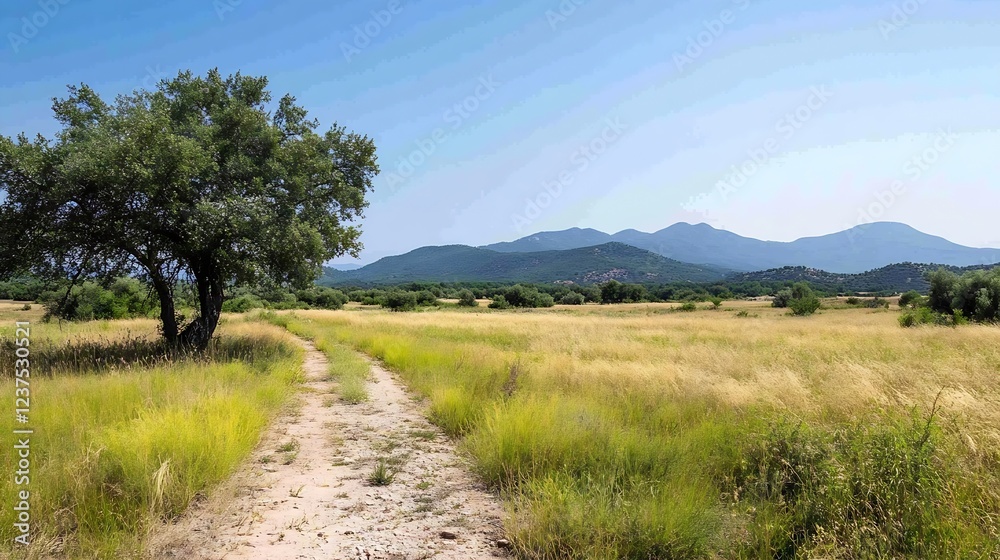 Scenic Rural Landscape with Dirt Path Leading to Distant Mountains and Clear Blue Sky : Generative AI Scenic Rural Landscape with Dirt Path Leading to Distant Mountains and Clear Blue Sky : Generative AI