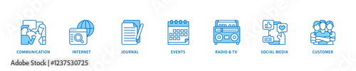 Public relations icon set flow process which consists of communication, internet, journal, events, radio, tv, social media, and customer icon live stroke and easy to edit .