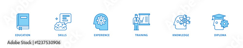 Free Download Qualification icon set flow process which consists of education, skills, experience, training, knowledge, and diploma icon live stroke and easy to edit . - GFXLoad