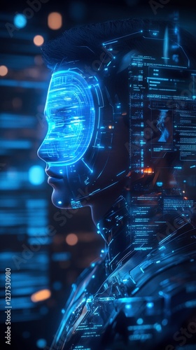 A futuristic digital face composed of glowing blue lines and data, representing a blend of technology and human-like characteristics.