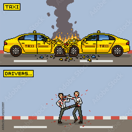 pixel art of taxi drivers fighting accident