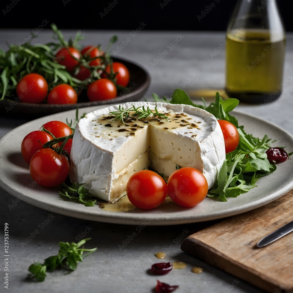 Camembert Cheese Drizzled with Truffle Oil, Served with Fresh Herbs and Cherry Tomatoes Camembert Cheese Drizzled with Truffle Oil, Served with Fresh Herbs and Cherry Tomatoes