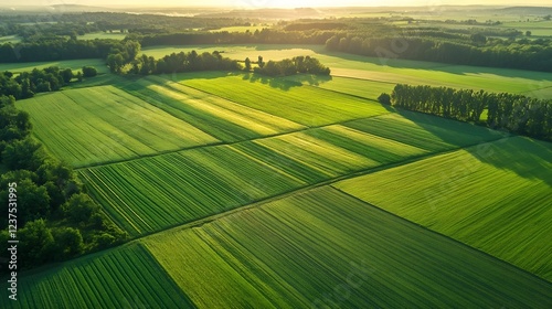 Aerial view of lush green farmland fields under the warm glow of sunrise : Generative AI