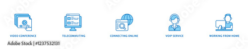 Remote working icon set flow process which consists of video conference, telecommuting, connecting online, voip, and working from home icon live stroke and easy to edit .