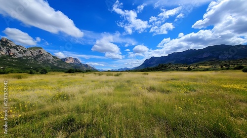 Panoramic Mountain Landscape with Blue Sky and Fluffy Clouds over Wildflower Meadow on Sunny Day : Generative AI