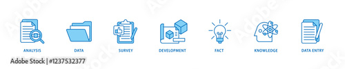 Research icon set flow process which consists of analysis, data, survey, development, fact, knowledge and data entry icon live stroke and easy to edit .