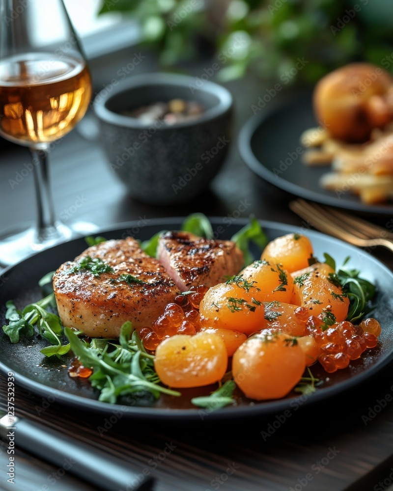 A beautifully plated dish featuring meat, vibrant orange garnishes, fresh greens, and a glass of wine, perfect for a gourmet dining experience. A beautifully plated dish featuring meat, vibrant orange garnishes, fresh greens, and a glass of wine, perfect for a gourmet dining experience.