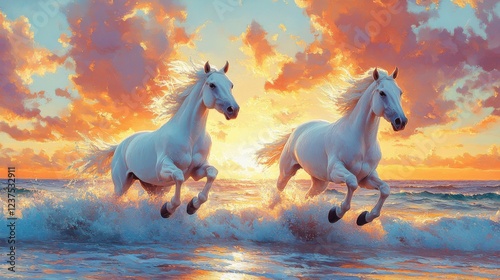 Two white horses running on the beach, sunset sky, realistic oil painting style, atmospheric brushstrokes, and detailed depiction of fur textures. 