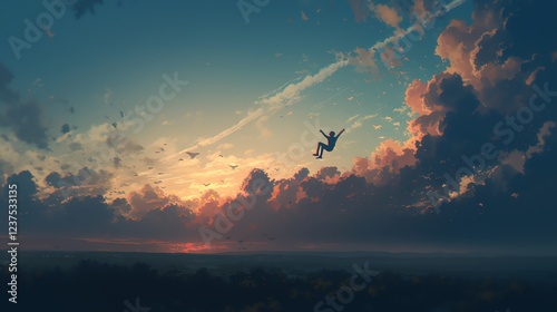 Daring Leap from Cliff at Sunset Overlooking Ocean Waves and Golden Sky