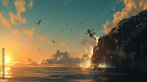 Daring Leap from Cliff at Sunset Overlooking Ocean Waves and Golden Sky