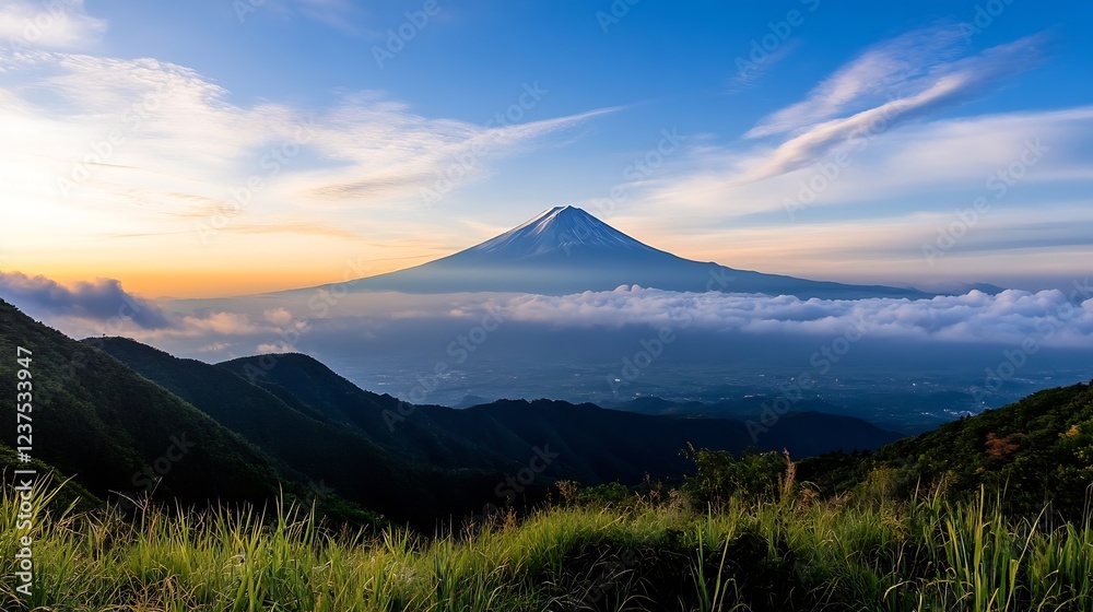 Fototapeta premium Scenic View of Mount Fuji Surrounded by Clouds during Sunrise : Generative AI