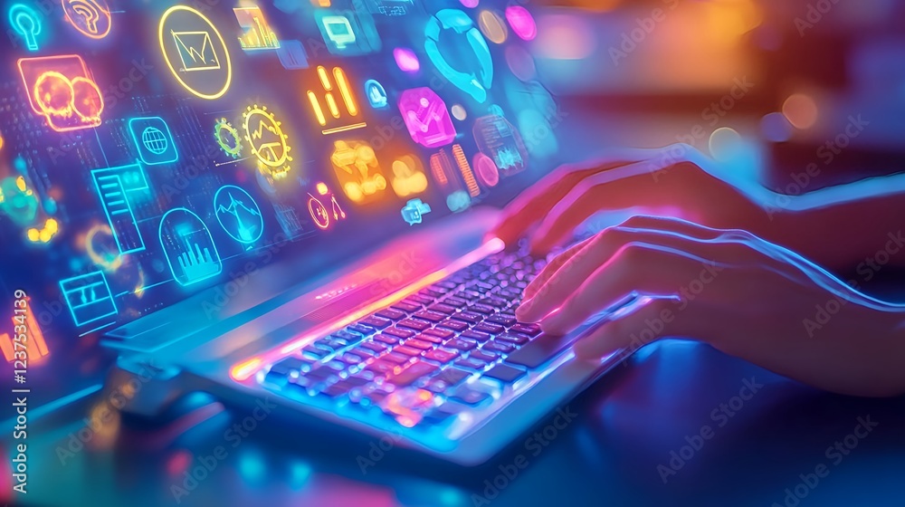neon tech hands typing laptop data analytics - neon and vibrant col.