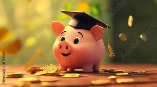 Piggy Bank with Graduation Cap Surrounded by Coins: Symbolizing Educational Savings