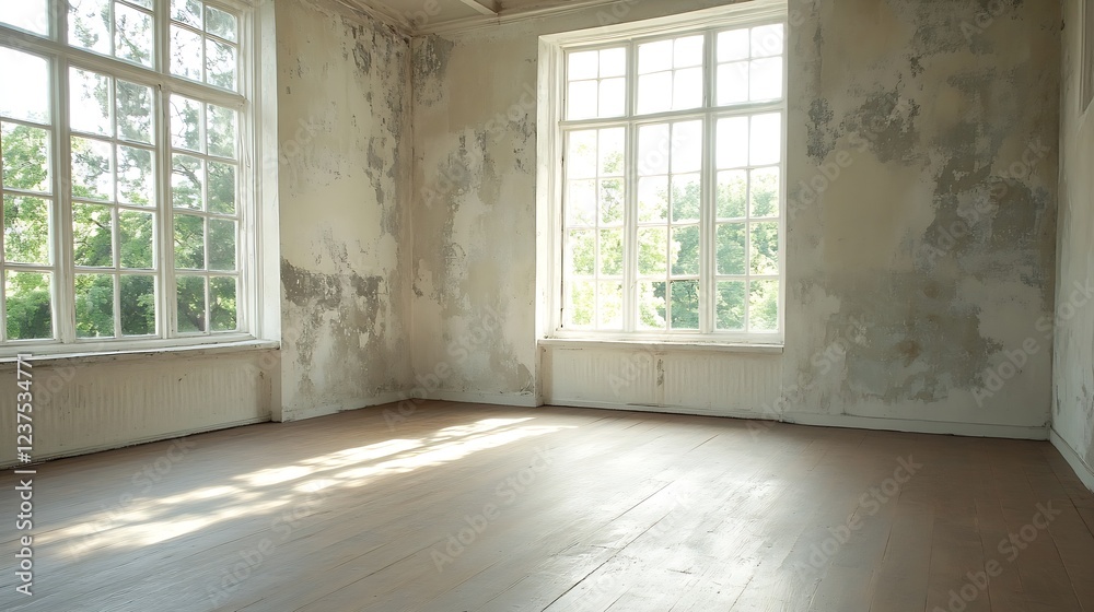 Fototapeta premium Empty Sunlit Room with Large Windows and Rustic Aged Walls in Vintage Style : Generative AI