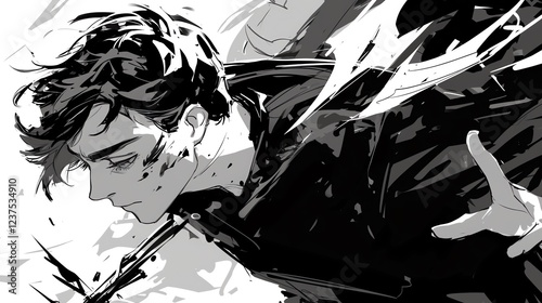 Anime-Style Character with Intense Expression and Dramatic Lighting in Black and White