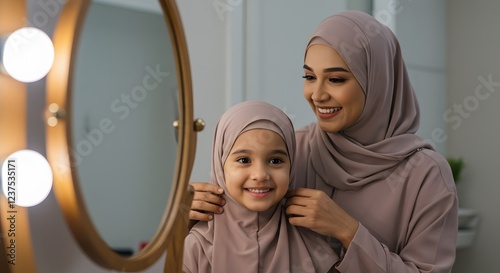 Mother Helping Daughter Wear Hijab Family Bonding Moment