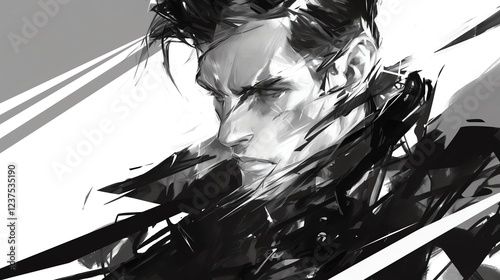 Anime-Style Character with Intense Expression and Dramatic Lighting in Black and White