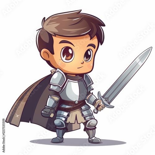 Cute Cartoon Boy Knight in Armor Holding a Sword