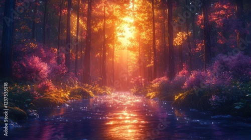 Fototapeta Naklejka Na Ścianę i Meble -  detailed photorealistic colored illustration, rainy redwood forest with stream and luminescent lightbeam beautiful vibrant colors, glossy digital art,