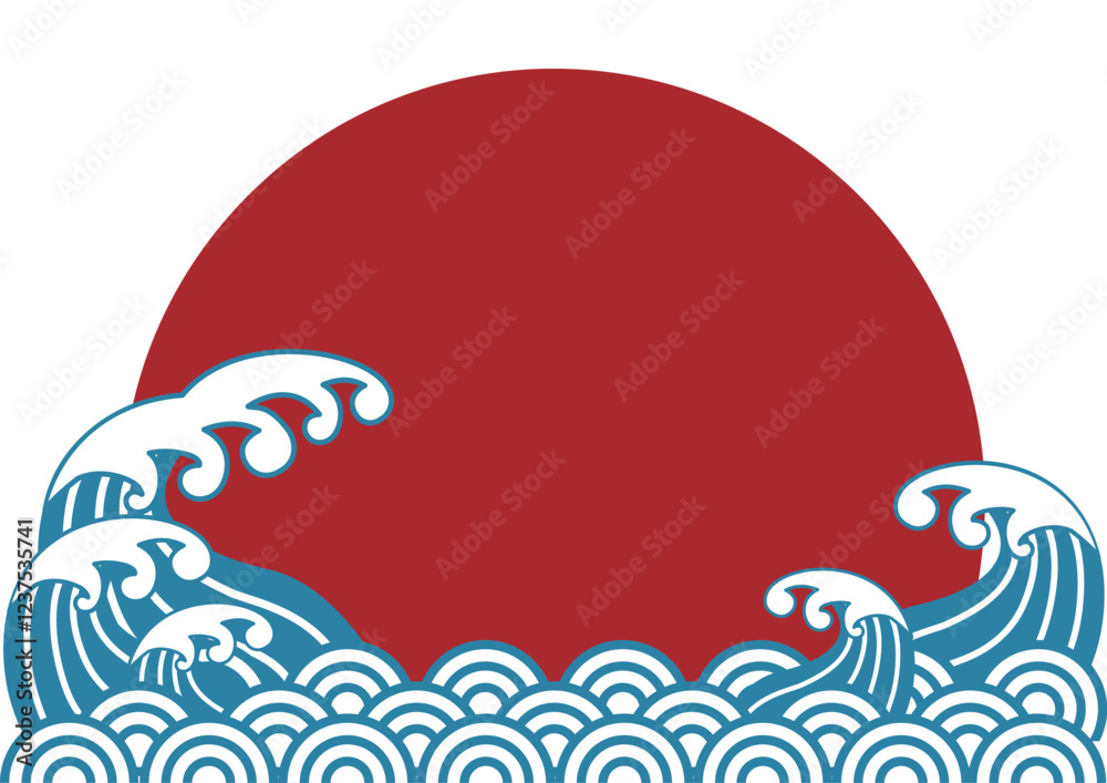 Fototapeta premium 海 波 青海波 日の出 正月 年賀 和風 和柄 模様 モダン 背景 フレーム イラスト素材