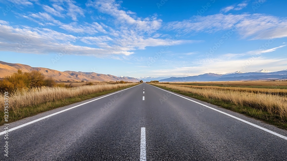 Long empty road stretching through open countryside under blue sky : Generative AI Long empty road stretching through open countryside under blue sky : Generative AI
