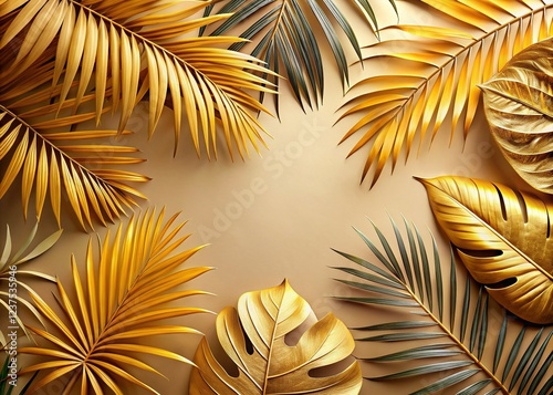 Tropical Summer Leaves Arrangement Beige Background photo