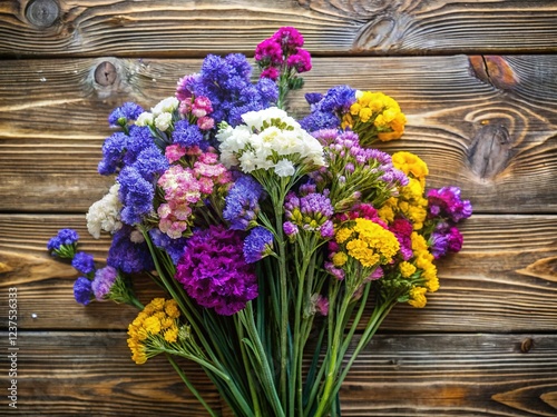 Vibrant Kermek and Statice Bouquet Flat Lay on Wooden Backdrop photo