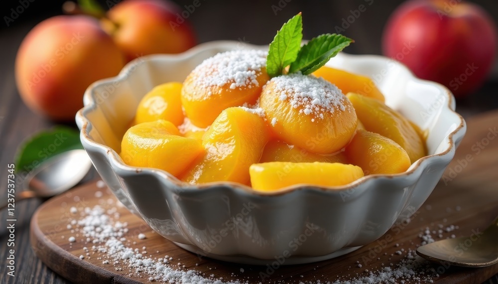 Fresh apricot dessert in a ceramic dish with powdered sugar on top, fruit tart, apricot clafoutis Fresh apricot dessert in a ceramic dish with powdered sugar on top, fruit tart, apricot clafoutis