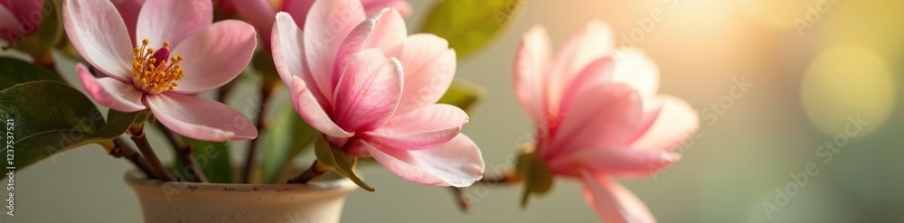 Obraz premium Gentle morning light highlights pink flower arrangement in a vase, peach, magnolia