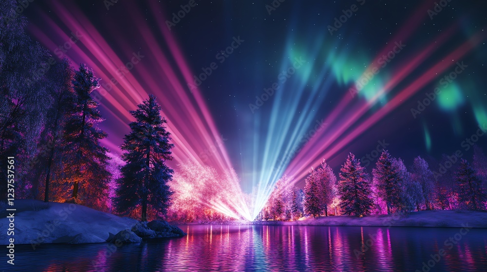 Fototapeta premium Enchanting Winter Night with Christmas Lights and Northern Lights Display